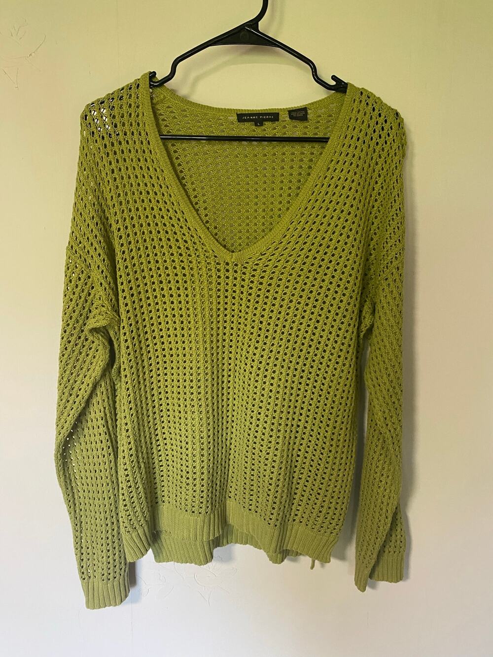 Vintage Jeanne Pierre Green Open Knit V-neck 100% Cotton Sweater Large